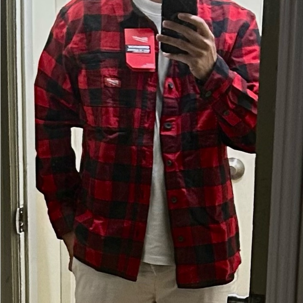 Men's Red and Black MILWAUKEE Checkered Shirt Jacket. 100% cotton fabric